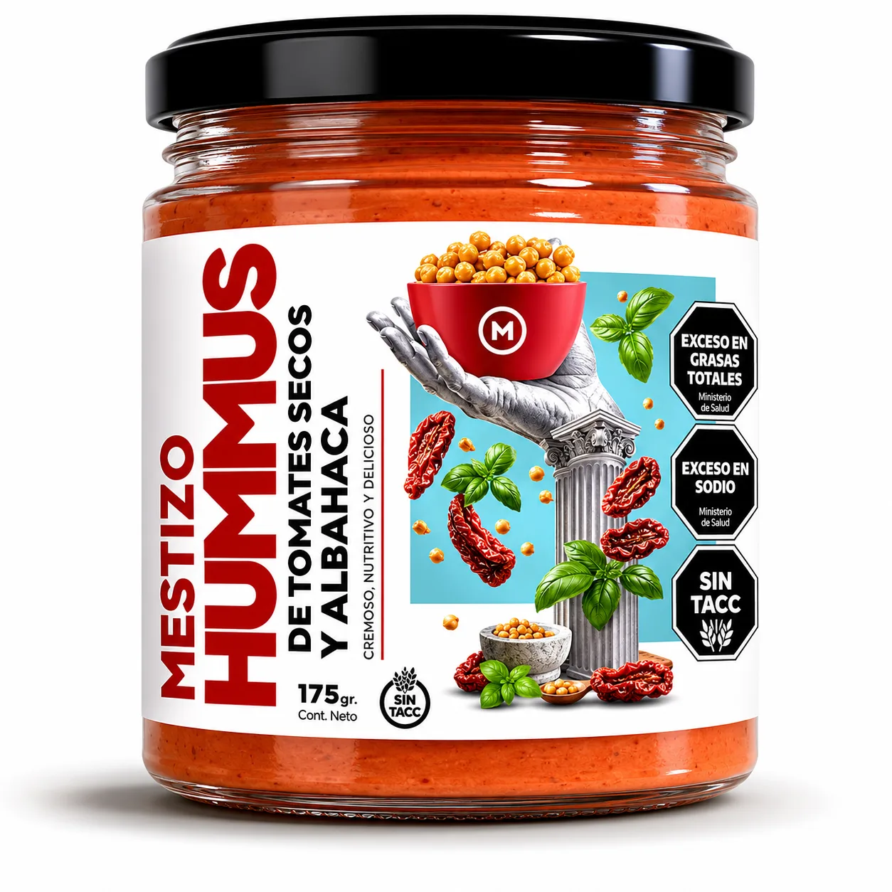 Hummus con tomates secos y albahaca